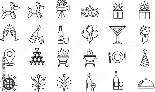 Party icons, celebration symbols, festive elements, event graphics, balloons, champagne, fireworks, barbecue, masquerade, gift box, wine, confetti, disco ball, serving dish, cocktail, location pin