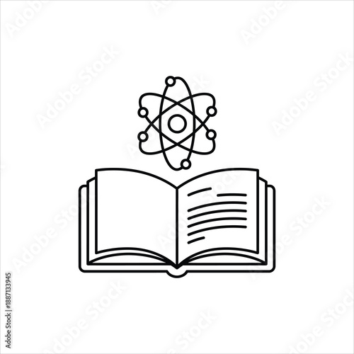 Open book with an atom symbol hovering above representing science education