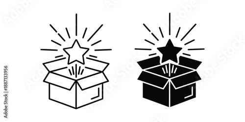 Two versions of a star bursting out of an open box line art and solid