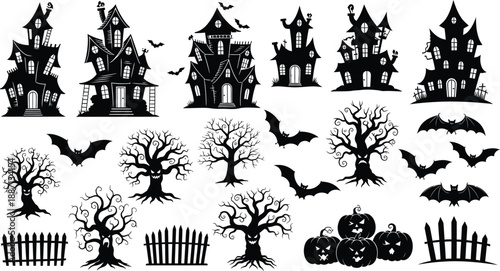 Spooky Halloween decorations with haunted houses and bats
