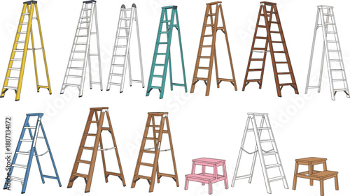 Step ladder and stepladder illustration set featuring wooden and metal ladders, folding steps, and household access equipment in flat vector style