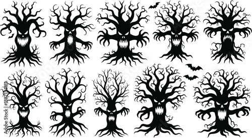 Spooky tree silhouettes for Halloween with bats flying around