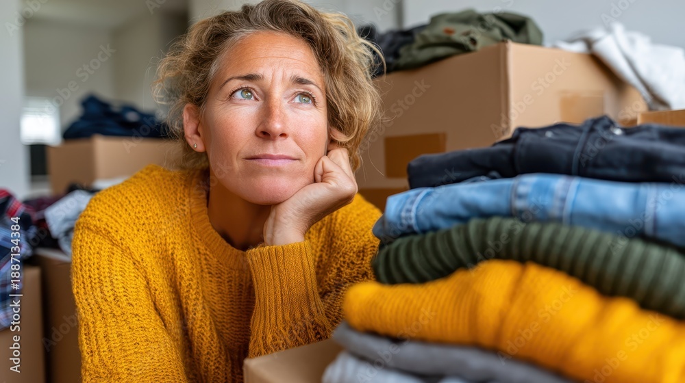 Obraz premium Woman experiences stress while packing boxes in her apartment in Germany