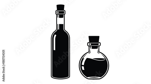 Simple illustration of two dark glass bottles with cork stoppers depicted