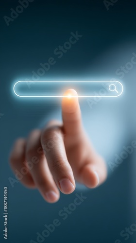 a finger touching a search bar on a virtual screen