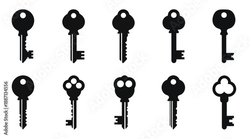 A collection of various black silhouette keys arranged in a grid pattern