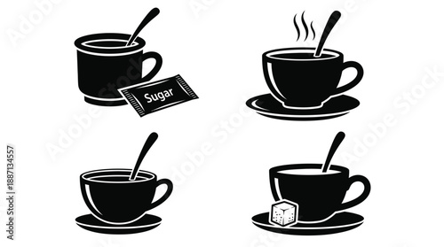 A collection of black and white illustrations depicting coffee cups and tea