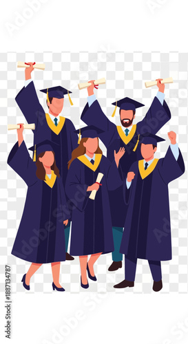 Group of graduates celebrating with raised arms in caps and gowns.