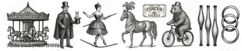 Vintage circus engraving illustrations featuring carousel, magician, acrobat, trained horse, bear on bicycle and juggling props, classic carnival art, retro show and entertainment concept.