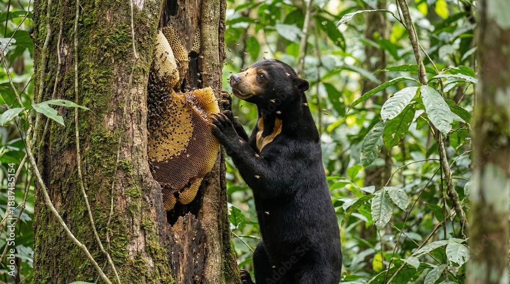 Obraz premium Sun bear eating honey(蜂蜜を食べるマレーグマ)
