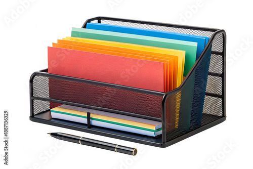 Organized desktop a black metal mesh document holder featuring colorful file folders, a professional pen, and a stack of memo pads for office efficiency