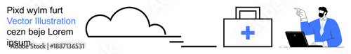 Cloud computing, healthcare, telemedicine, remote monitoring, medical innovation, digital tools. A cloud, a first aid kit and a doctor using a laptop. Cloud computing and healthcare concept