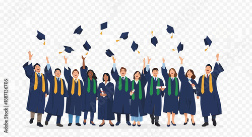 Diverse group of graduates in caps and gowns throwing hats in celebration.