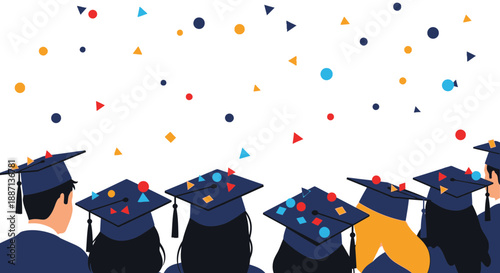 Graduates in caps celebrate with confetti against a white background.