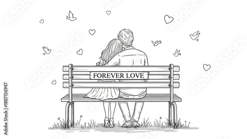 Couple sitting on bench with forever love message surrounded by hearts and birds