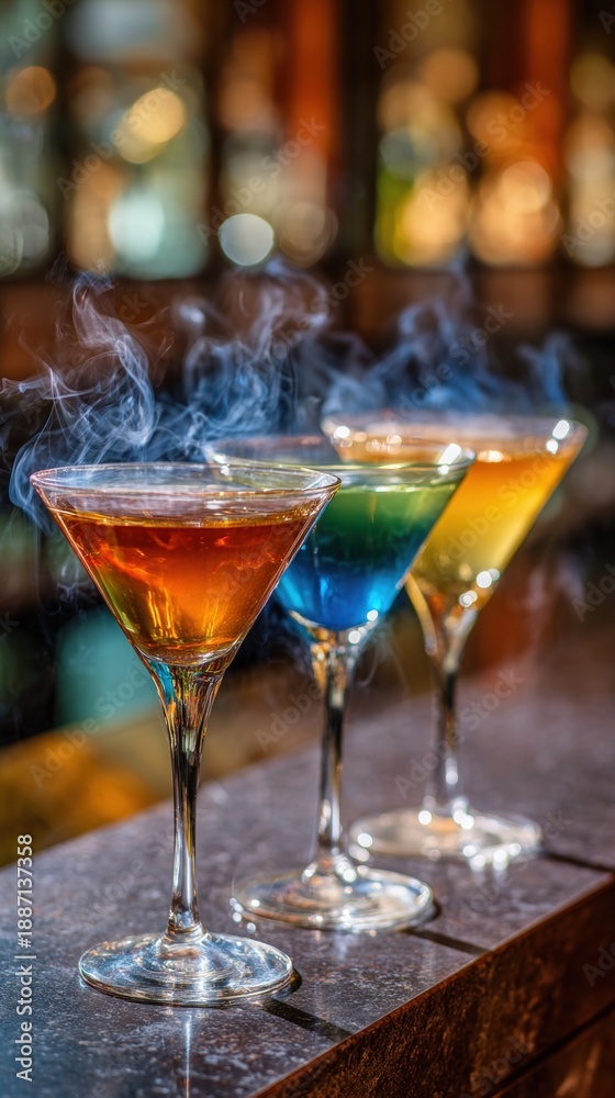 Fototapeta premium Colorful smoking cocktails on bar counter in elegant setting