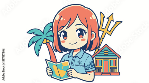 Anime Character Exploring Tropical Paradise with Map, Illustration, Outdoor, Vibrant Colors