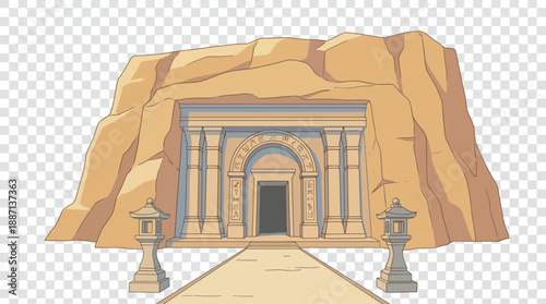 Ancient Temple Entrance in Desert Landscape, Illustration, Serene Environment, Artistic Viewpoint