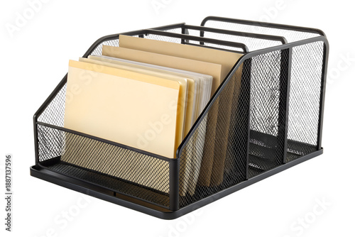 Practical black metal mesh desk organizer for efficient storage of office documents, files, and stationery. Keeps workspace tidy, organized, and boosts productivity effectively