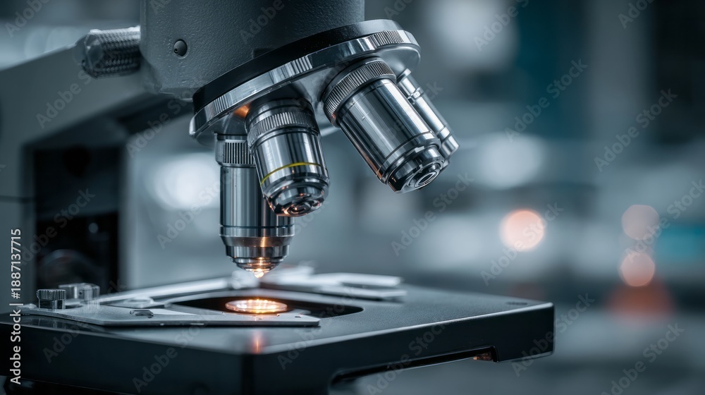 Fototapeta premium Laboratory microscope reveals microscopic detail on a slide.