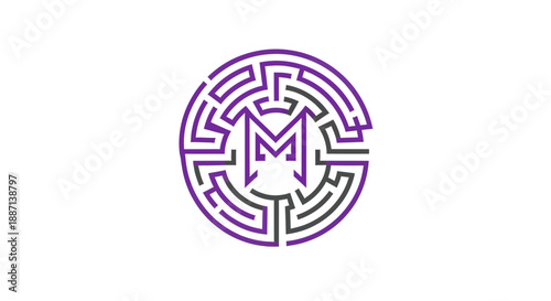 Creative Maze Logo Featuring The Letter M With Sleek Purple And Grey Design Elements