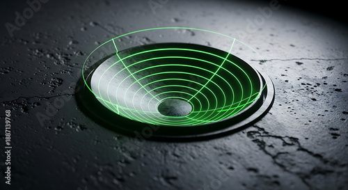 Subwoofer speaker on cracked concrete floor with green sound waves visual effect, bass audio technology concept for home theater, music production, and sound design applications in various industries.