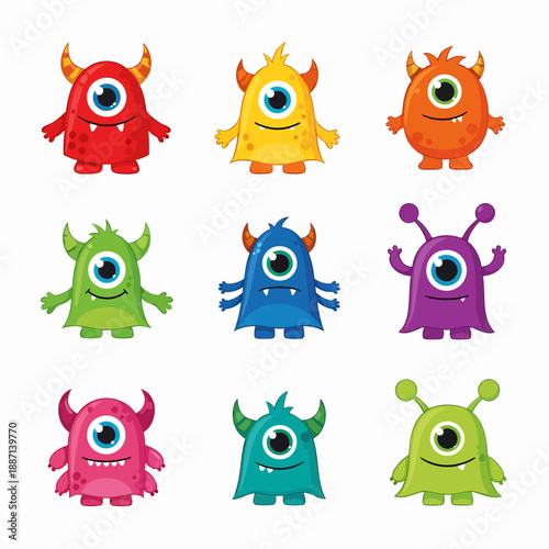 Cute kawaii cartoon funny baby character. Eyes teeth fang horn tongue. Hands up, down. Flat design. White background. Vector