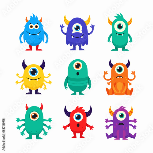 A colorful group of cute cartoon monsters expressing different emotions with happy sad and angry feelings.