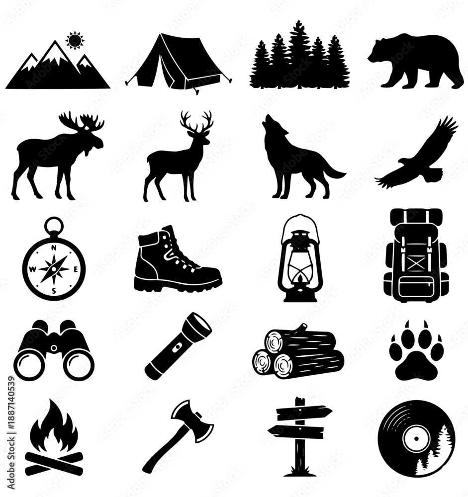 Fototapeta premium Black and white Outdoor Adventure and Camping Silhouette Icons, camping, outdoors, wildlife, adventure, nature, silhouette, icons, exploration, forest, hiking, mountains, tents, pine trees, bear, 