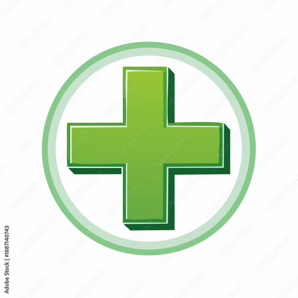 Obraz premium Clean and bold graphic illustration of a green cross enclosed in a matching circular border, denoting health, medical assistance, safety, and a positive approach
