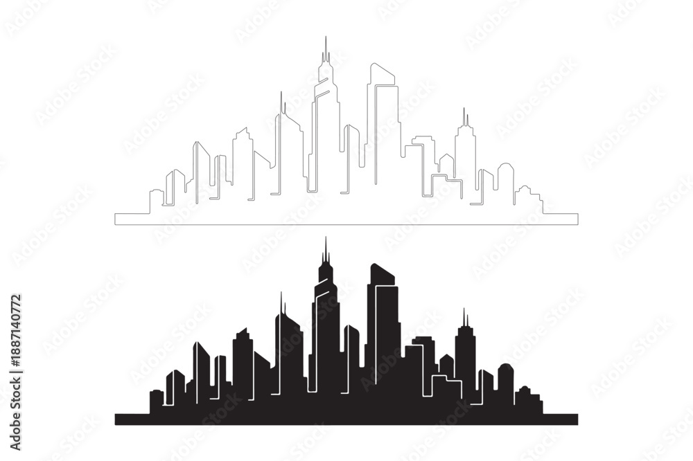 Fototapeta premium City Skyline Icons: Silhouette and Outline, Black and White