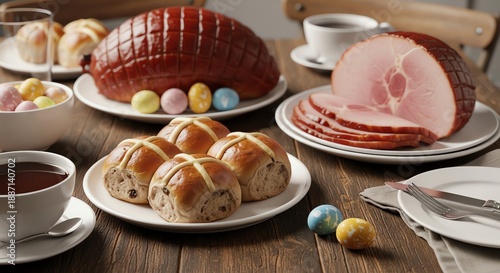 A delicious easter spread featuring glazed ham and hot cross buns on a rustic wooden table