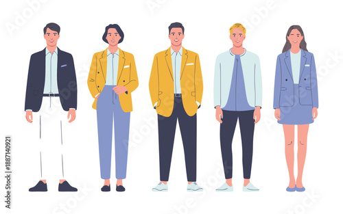 A diverse group of five business professionals standing in a row showcasing modern professional attire