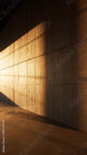Dynamic Light Patterns In An Empty Concrete Industrial Hallway With Strong Shadows Moving