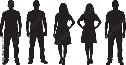 Silhouettes of five diverse human figures in varied outfits and postures, ideal for gender visuals, fashion design, and vector-based character modeling.