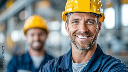 Two Industrial Workers in Safety Helmets Smiling Inside Modern Factory