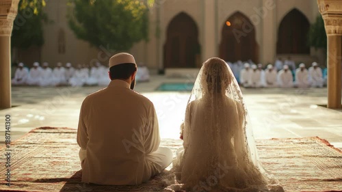 Muslim couple praying during wedding ceremony in a mosque