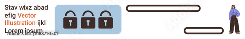 Data security, digital privacy, online protection, cybersecurity, encrypted communication, personal safety. Three padlocks signifying security with a person standing nearby. Data security and online