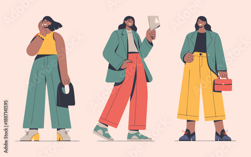 Three fashionable women in stylish outfits are portrayed showcasing modern aesthetics and vibrant color palettes