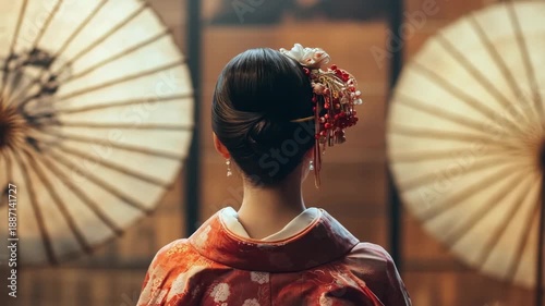 Japanese geisha wearing a traditional red kimono