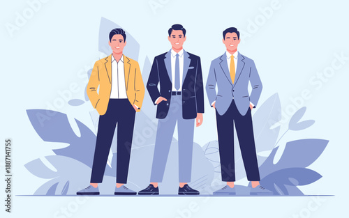 three stylish men are standing together each wearing different formal attire and looking forward