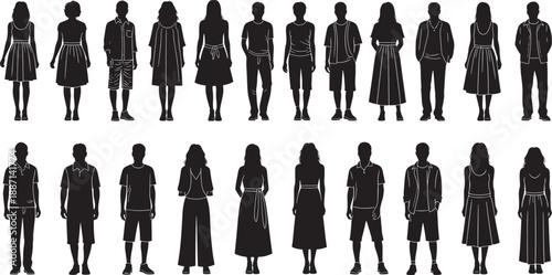Silhouettes of twenty diverse human figures in varied outfits and postures, ideal for fashion design, demographic visuals, and vector-based character modeling.