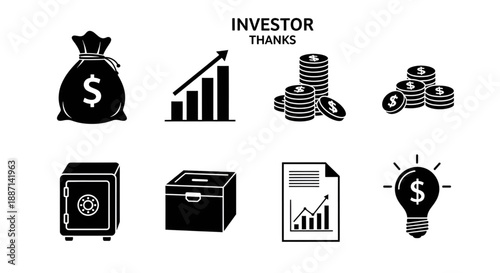 Comprehensive set of black icons representing finance, investment, growth, and security concepts.