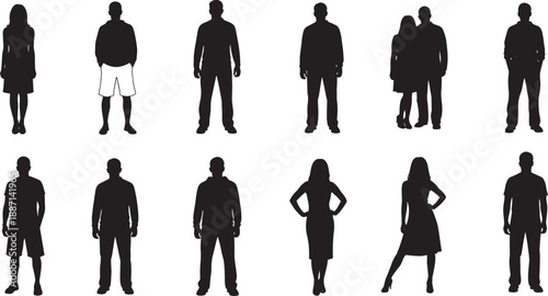 Silhouettes of diverse human figures in various standing poses and outfits including casual, formal, and paired stances for fashion, posture, and character design reference