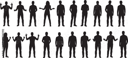 Silhouettes of eighteen human figures in expressive standing poses with varied gestures and outfits for posture, gesture, animation, and character design reference