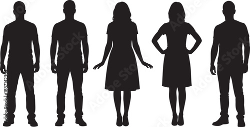 Silhouettes of five standing human figures including male and female poses in dresses and pants, ideal for fashion, posture, and character design references
