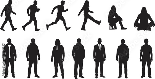 Silhouettes of human figures in various poses and outfits including walking, running, squatting, sitting, and standing in casual and formal clothing styles
