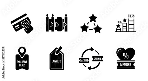 Collection of black and white vector icons illustrating customer loyalty programs and exclusive deals.