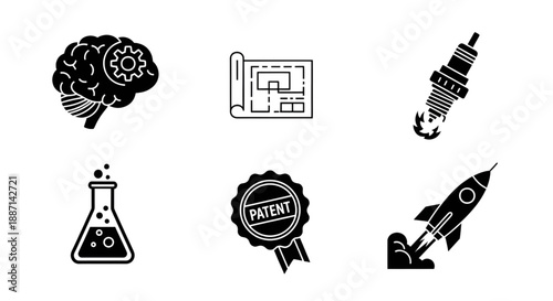 Essential black icons depicting innovation, scientific research, engineering, and the launch of new ideas.
