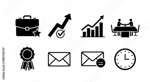 Essential black icons for business management, professional growth, success, and effective communication.